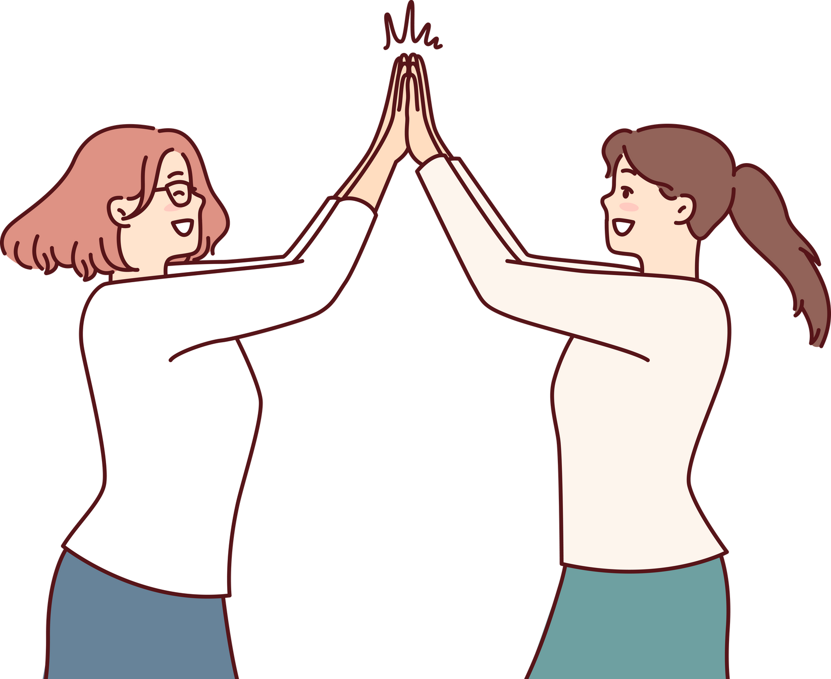 Two Happy Women Rejoice High Five Greet Each Other after Long-Awaited Meeting. Vector Image