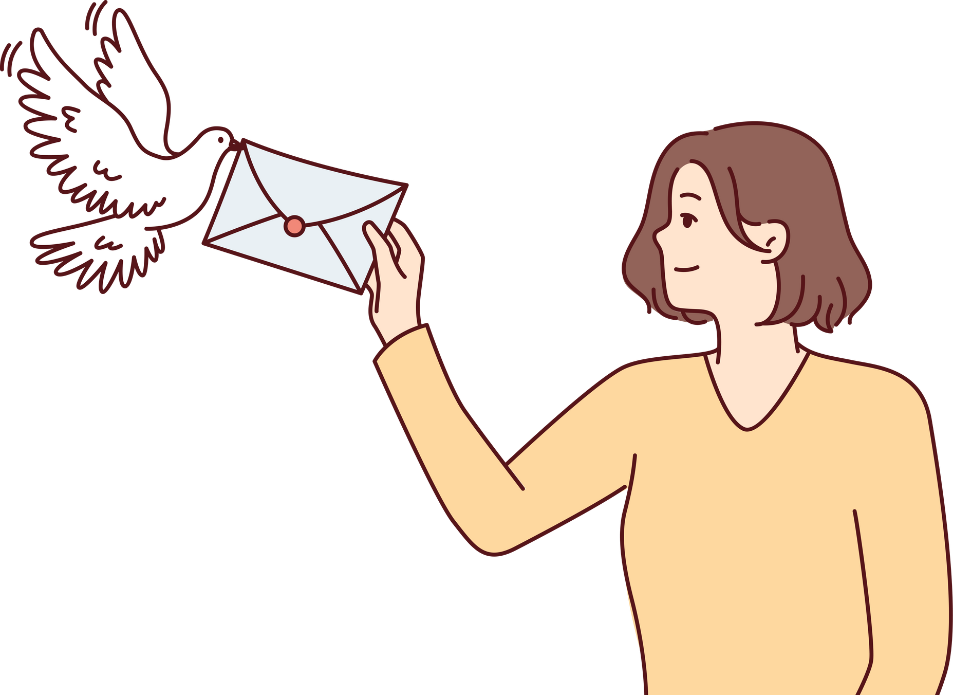 Smiling Woman Holds Out Envelope to Pigeon to Deliver Message to Boyfriend or Friends. Vector Image