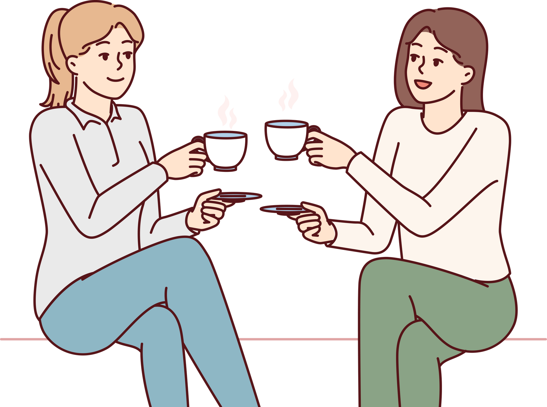 Two Girl Friends Drink Hot Coffee Holding Cups and Saucers Enjoy Joint Coffeebreak. Vector Image
